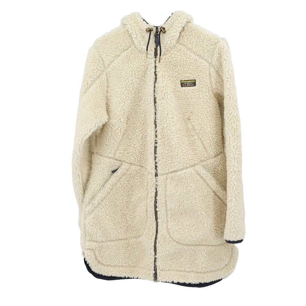 L.L. Bean Fleece Coat Womens M Natural Mountain Pile Sherpa Hooded Winter Cozy